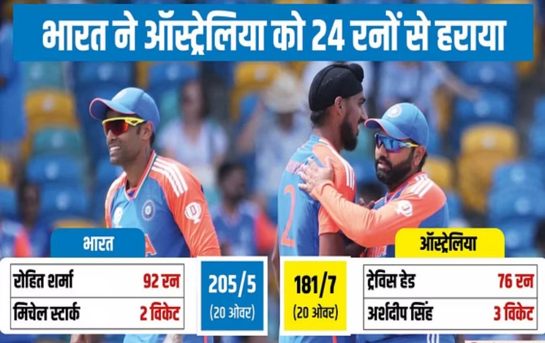 T20 World Cup 2024 IND vs AUS: ऑस्ट्रेलिया को हराकर  सेमीफाइनल में पहुंचा भारत, रोहित ने मचाया धमाल, अर्शदीप-कुलदीप ने बिखेरी चमक 