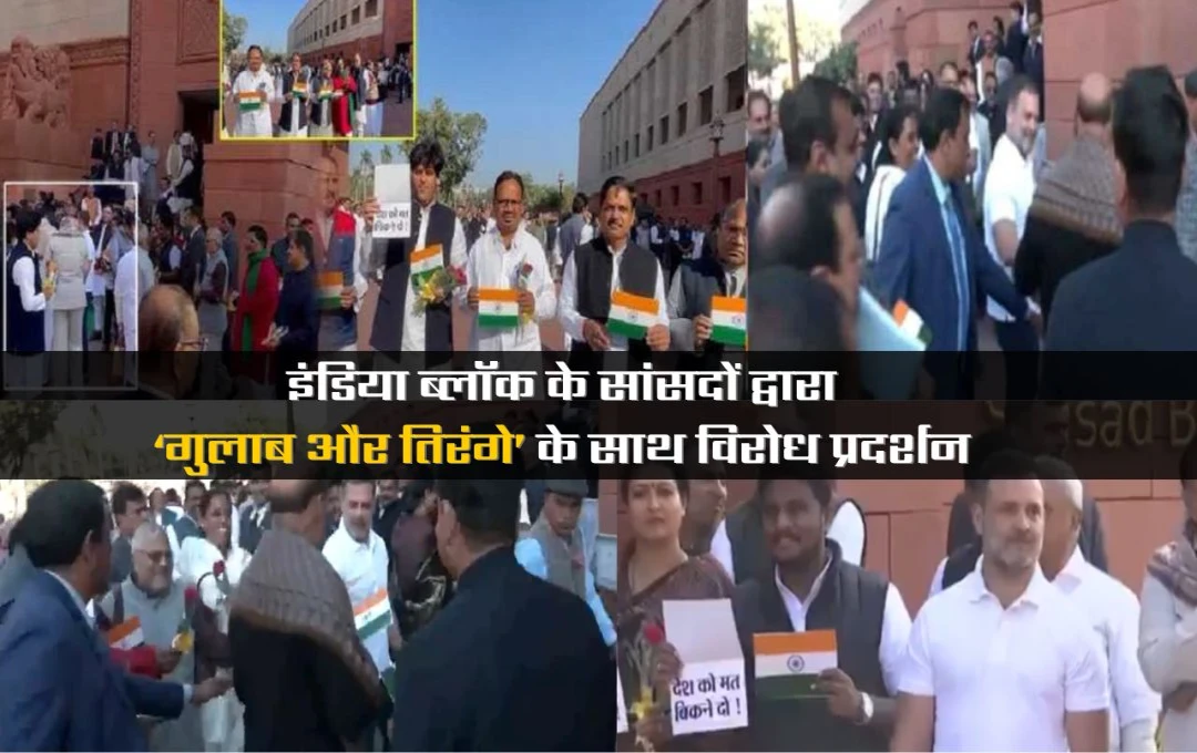 Congress Protest: इंडिया अलायंस का अडानी विवाद पर अनोखा विरोध प्रदर्शन, संसद परिसर में तिरंगा और गुलाब का फूल देकर जताया विरोध