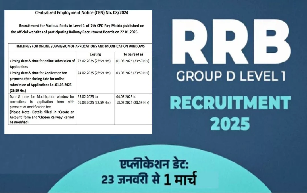 Railway Group D Vacancy 2025: आरआरबी ग्रुप-D भर्ती के लिए आवेदन तारीख बढ़ी, इच्छुक उम्मीदवार अब 1 मार्च तक भर सकते हैं फॉर्म
