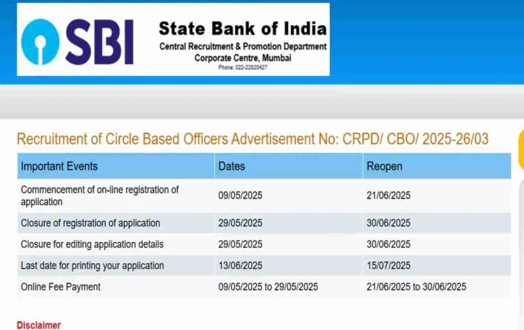 SBI CBO 2025: आवेदन विंडो 30 जून तक फिर से ओपन, जल्द करें अप्लाई