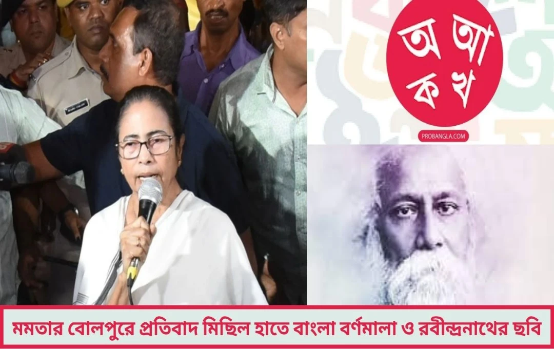 বোলপুরে মমতার প্রতিবাদ পদযাত্রা হাতে বর্ণমালা সঙ্গে রবীন্দ্রনাথের ছবি