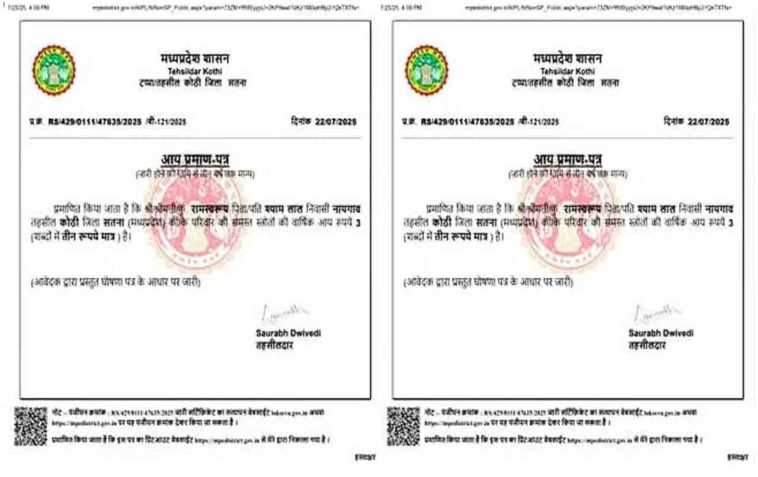 Madhya Pradesh: Income Certificates Show ₹3 and ₹0 Income, Sparks Outrage