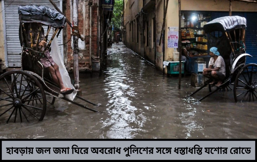 জমা জলের প্রতিবাদে পথ অবরোধ পুলিশের সঙ্গে ধস্তাধস্তিতে উত্তপ্ত যশোর রোড

