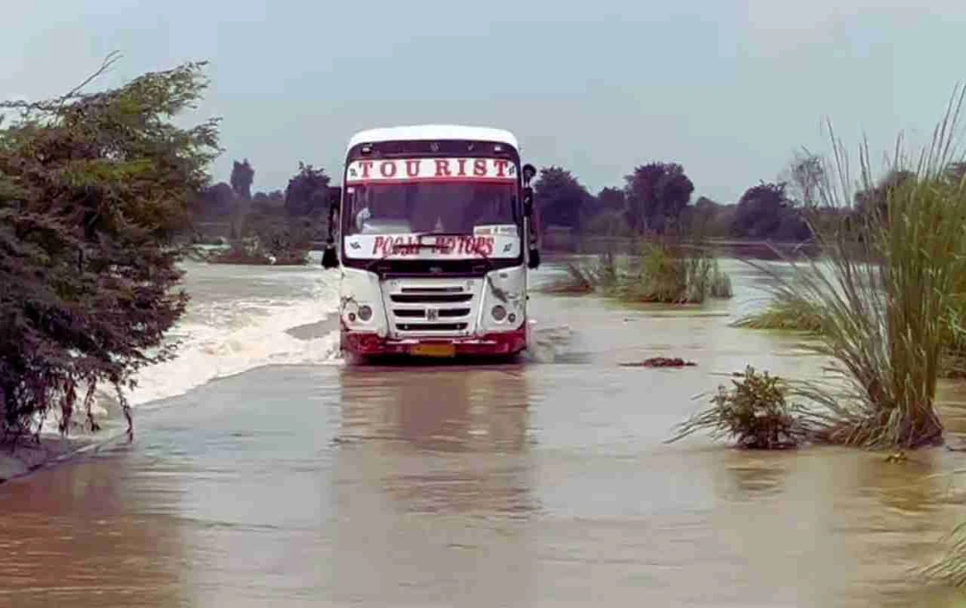 भरतपुर में बाढ़ी नदी पार करती बस, 45 यात्रियों की थमी सांसें, वीडियो वायरल