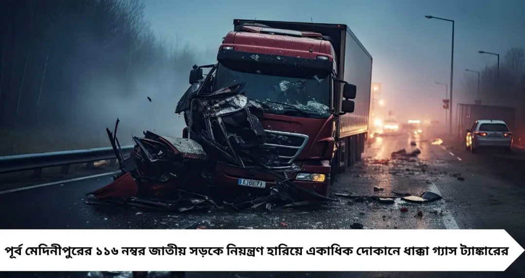 একের পর এক দোকানে ধাক্কা গ্যাস ট্যাঙ্কারের, হলদিয়া-মেচেদা জাতীয় সড়কে বড়সড় দুর্ঘটনা
