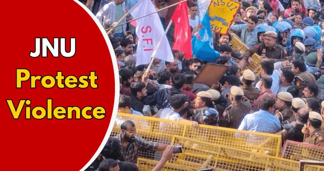 JNU Protest: शिक्षा मंत्रालय तक मार्च के प्रयास में JNU गेट पर धक्का-मुक्की, पुलिस कार्रवाई में छात्र संघ पदाधिकारी गिरफ्तार