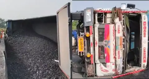 झारखंड के चतरा में बड़ा सड़क हादसा टला: पुल के डिवाइडर से टकराकर पलटा कोयला लदा …