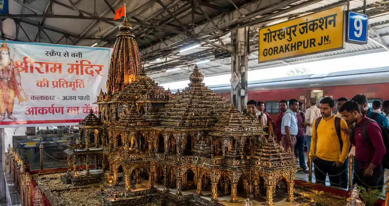 गोरखपुर रेलवे स्टेशन के प्लेटफार्म 9 पर स्क्रैप से बनी श्रीराम मंदिर की प्रतिमूर्ति आकर्षण का केंद्र बनी
