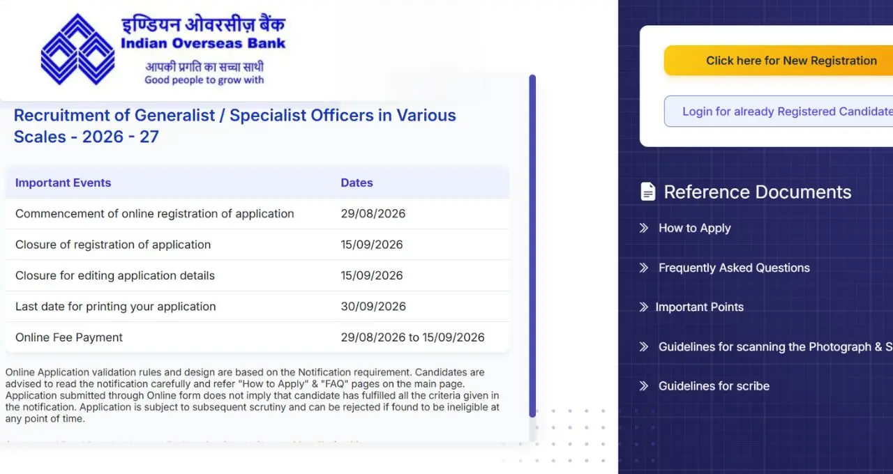 Indian Overseas Bank में 291 Generalist और Specialist Officer पदों पर भर्ती शुरू