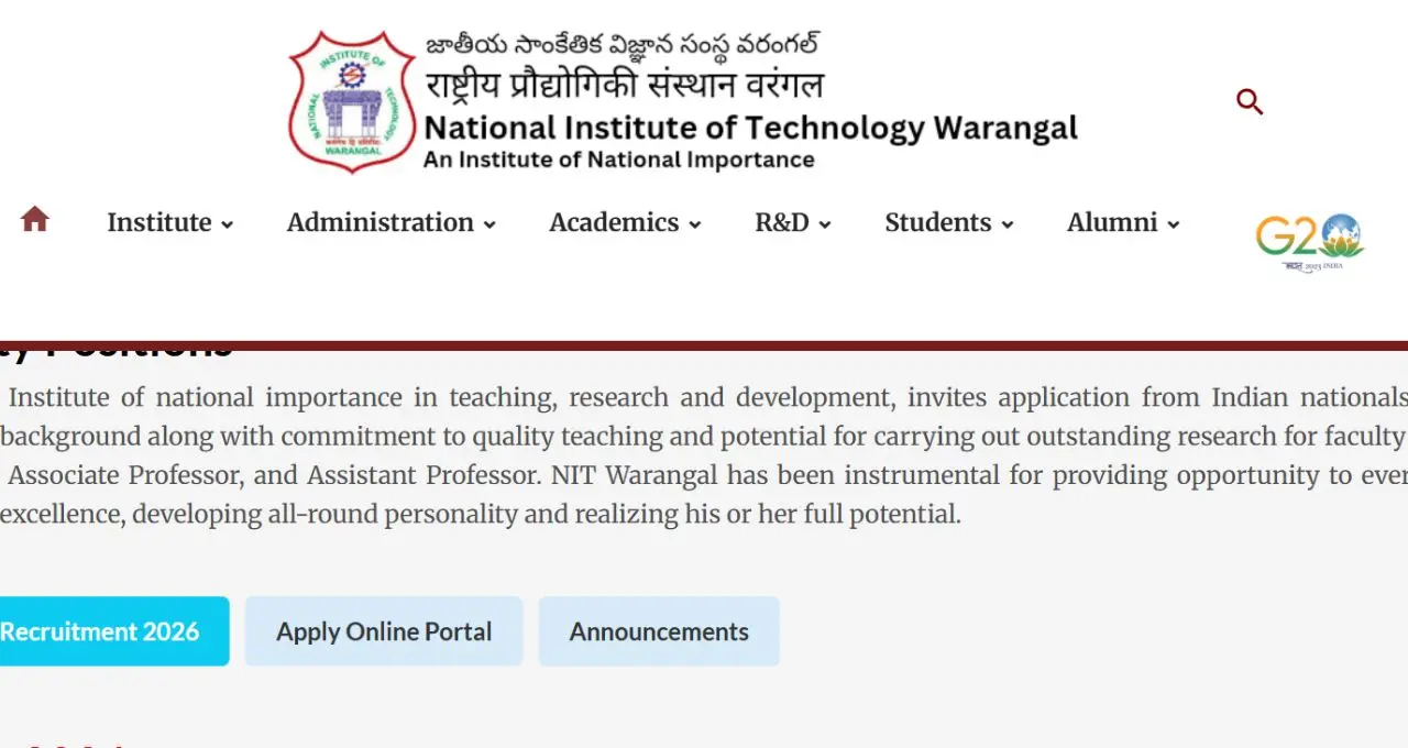 NIT Warangal Faculty Recruitment 2026: प्रोफेसर समेत 34 पदों पर भर्ती, 30 नवंबर तक करें आवेदन